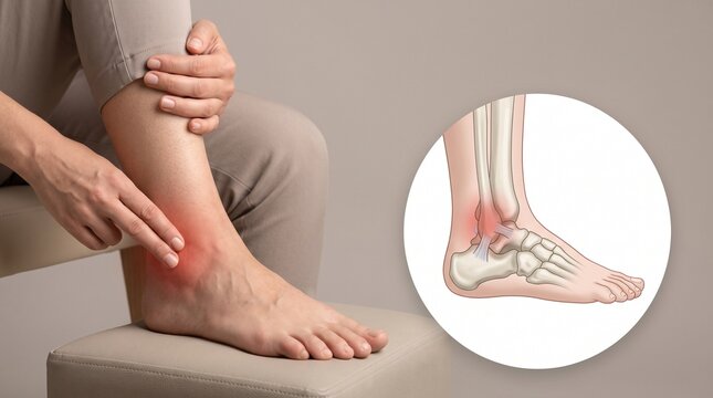 Person Touching Painful Injured Ankle with Anatomic Foot Bone Illustration, Ankle Sprain, Tendonitis, Joint Inflammation and Orthopedic Healthcare Medical Concept