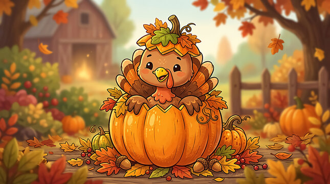 Cute cartoon turkey popping out of a pumpkin in fall autumn barnyard setting.
