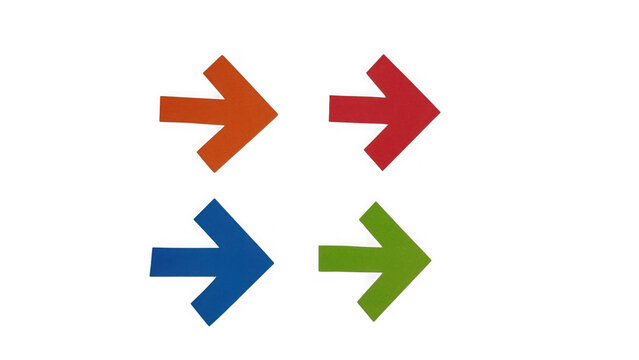 Set of four simple colorful arrows pointing to the right in a square grid layout isolated on transparent background