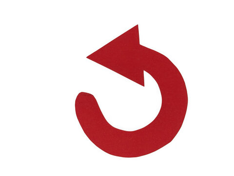 Red circular arrow icon representing undo or counter clockwise rotation movement isolated on transparent background