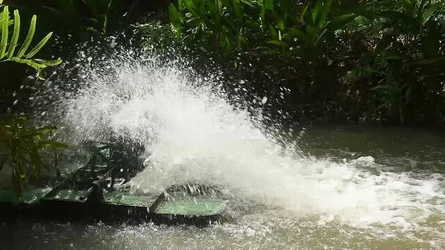Paddle wheel aerator agitating the water to increase oxygen levels for wastewater treatment in water bodies on natural background.