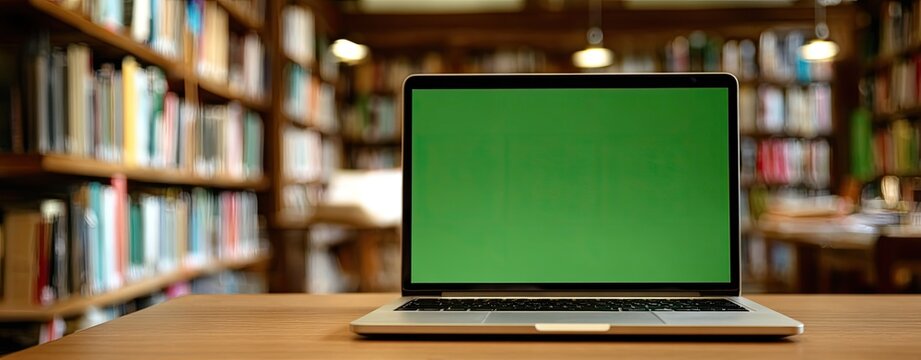 Laptop in library with green screen