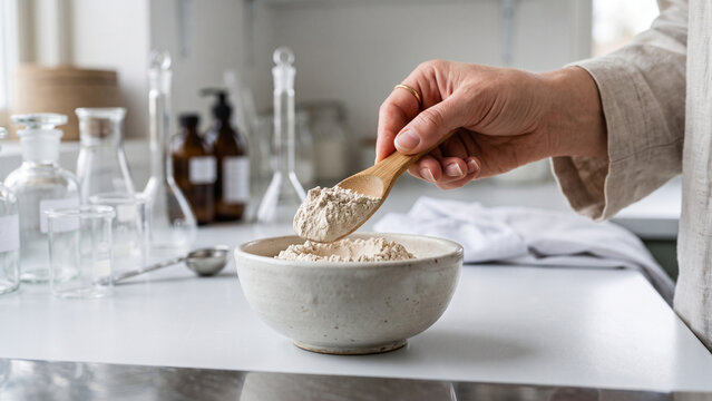 Hand scooping white clay powder with wooden spoon into ceramic bowl