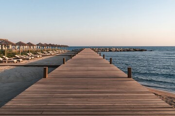 Obraz premium Wooden pier extending into the calm blue sea next to a sandy beach.