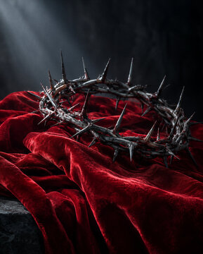Crown of thorns resting on deep red velvet fabric with dramatic lighting