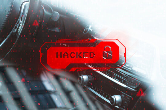 Car interior with red hacked warning interface, digital binary code and unlocked padlock overlay. Automotive cybersecurity concept showing data breach, unauthorized access and vehicle security threat.
