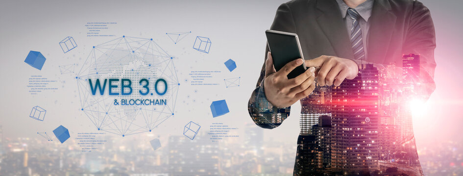 Businessman in Suit Using Smartphone with Web 3.0 and Blockchain Graphics Over City Skyline Background in Digital Transformation Concept. Entropy.