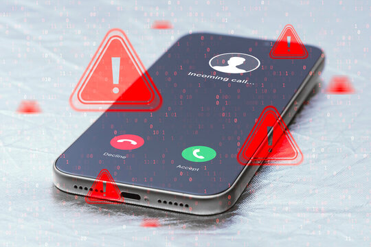 Smartphone displaying an incoming call interface with warning symbols and binary code overlay. Mobile cybersecurity concept showing digital threats, communication risks and data vulnerability.