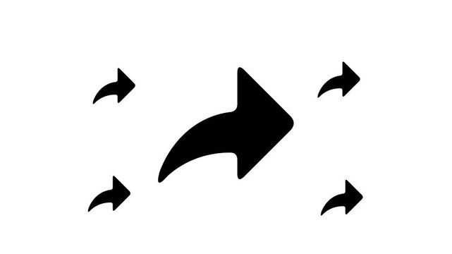 Zoom in and out animation the share arrow symbol. Large black symbol in the center and four small symbols around. Seamless looped 4k animation on white background