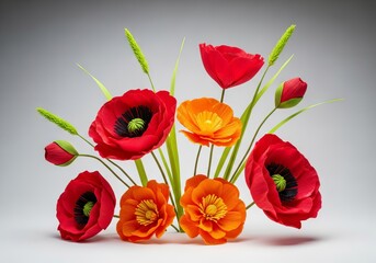 Obraz premium Vibrant handcrafted crepe paper art showcasing crinkled crimson poppies and bright orange blossoms amidst slender lime green grass stalks, creative, poppies, detail