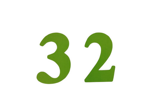 Green number thirty two made of simple cartoon style font for birthday celebration isolated on transparent background
