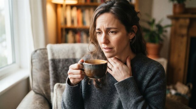 Woman experiencing sore throat and discomfort while holding a warm drink at home