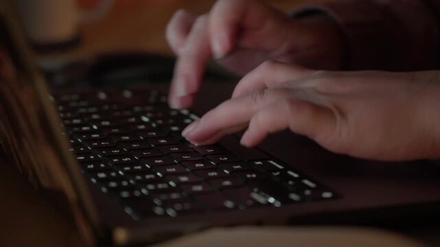 Hands Typing on Laptop Keyboard in Warm Light Close Up