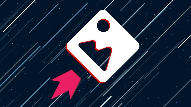 Image symbol flies through the universe on a jet propulsion. The symbol in the center is shaking due to high speed. Seamless looped 4k animation on dark blue background with stars