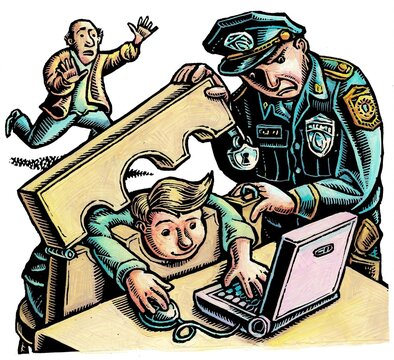 policeman closes stockade to arrest child on laptop while father runs up in surprise