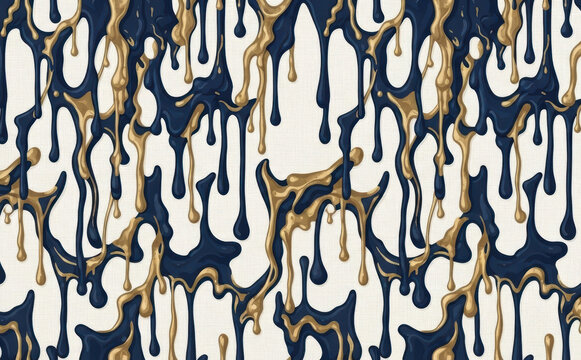 Abstract seamless pattern with glossy melting liquid in dark blue and gold colors, elegant dripping paint design for luxury background, textile, and wrapping paper