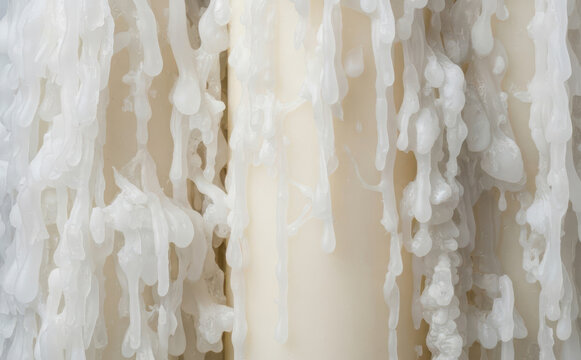 Close up of melting white candle wax dripping down the side of a tall church pillar texture background for design