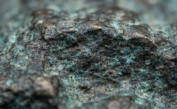 Macro closeup shot of weathered oxidized copper ore texture with green patina and rough metallic surface details