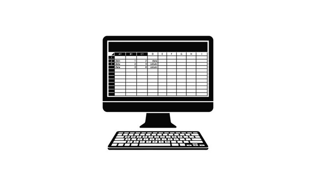 Black silhouette of a desktop computer showing a spreadsheet on the monitor screen.