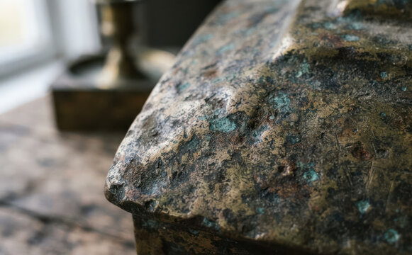 Close up of weathered antique bronze metal surface with green patina and rough texture for industrial design background