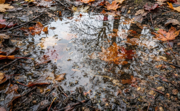 Autumn puddle reflection of trees and colorful fallen leaves in a muddy forest trail after rain, nature landscape photography concept