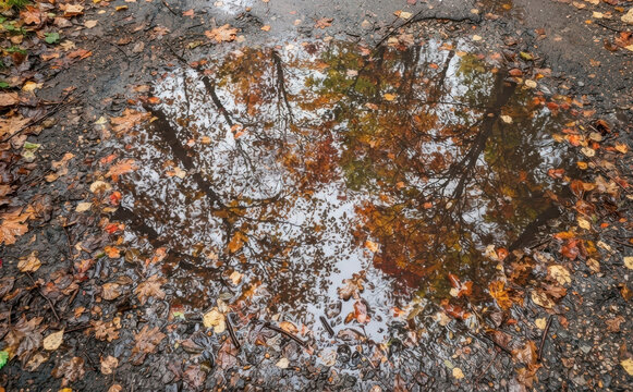 Autumn reflection in a puddle on a muddy forest path with fallen leaves representing nature symmetry and seasonal transition in the woods during fall