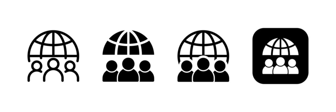 Global community icon set with globe and group people ideal for Global workforce, international teams, network, and organization in outline, filled, app icons