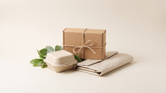 Eco-friendly sustainable packaging composition with cardboard box, biodegradable container and paper