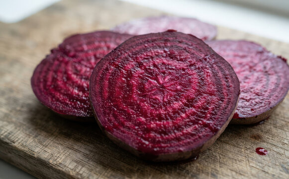 Fresh slices of red beetroot on a rustic wooden cutting board for healthy cooking and nutrition concepts