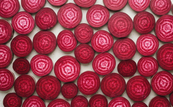 Sliced red beets pattern background showing vibrant concentric rings and textures for culinary designs