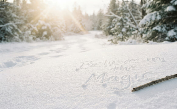 Believe in the magic text written in fresh winter snow with a twig in a snowy forest landscape