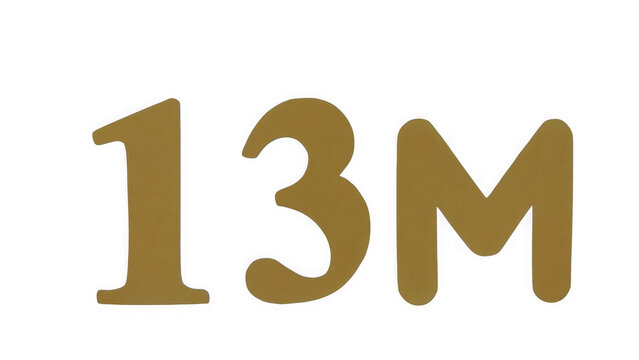 Bold gold number thirteen million sign text isolated on a simple plain background isolated on transparent background