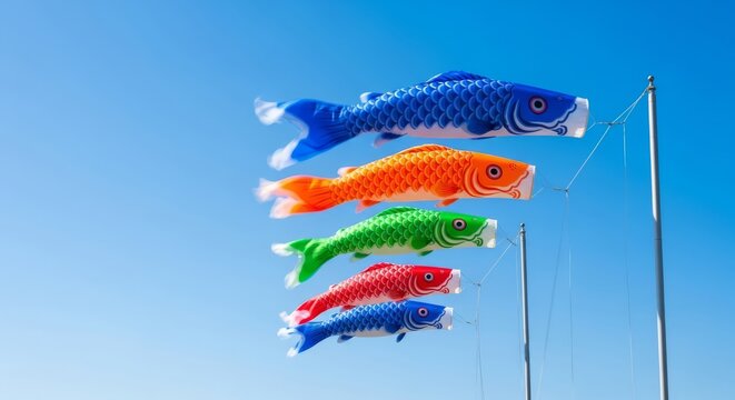 Vibrant fish-shaped wind socks sway in a bright sky, captured with long exposure for a soft, artistic blur showing graceful fluid motion, red, windsocks, flapping