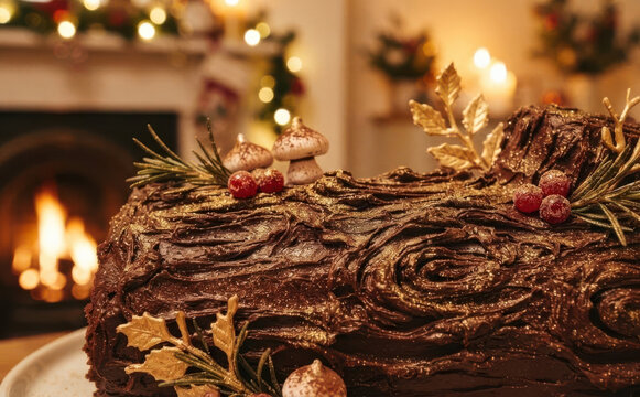 Festive chocolate yule log cake decorated with gold dust, berries and mushrooms for Christmas holiday celebration dessert