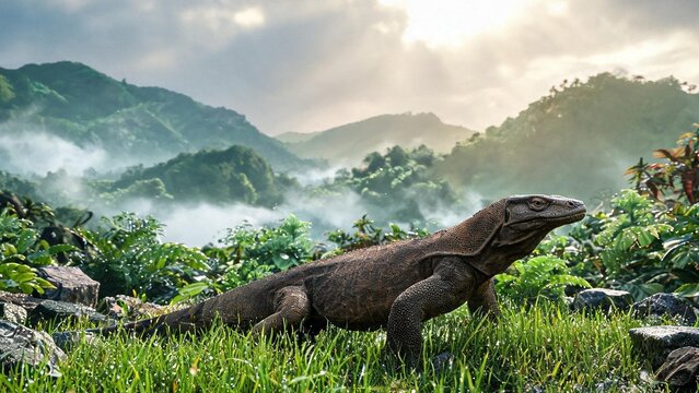 A Komodo dragon is walking across a grassy hillside