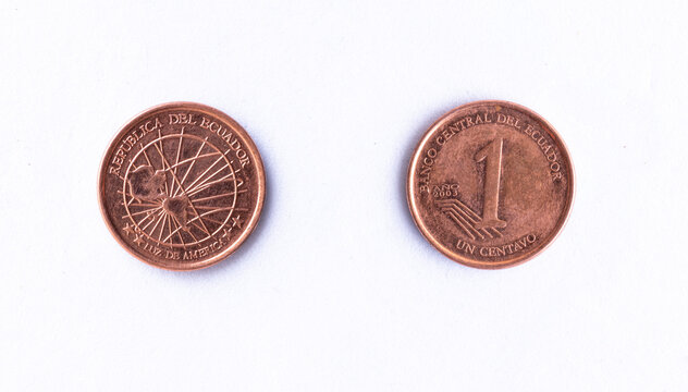 Ecuador One Centavo Coin Featuring Middle of the World Monument Isolated on White Background