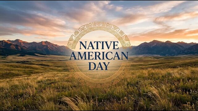 Native American Day Celebration Design with Mountain Landscape