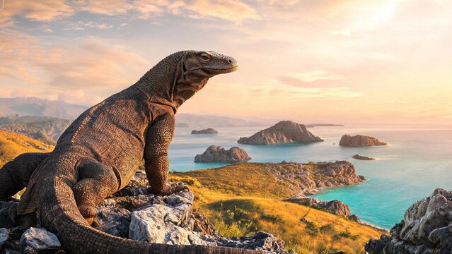 A Komodo dragon basks in the afternoon sun.