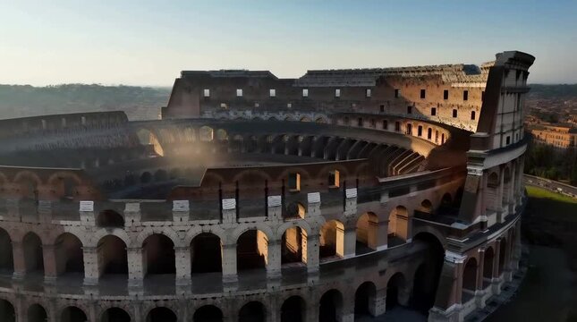 Colosseum in Rome Bathed in Golden Hour Light Cinematic Aerial View Historical Landmark Tourism Concept