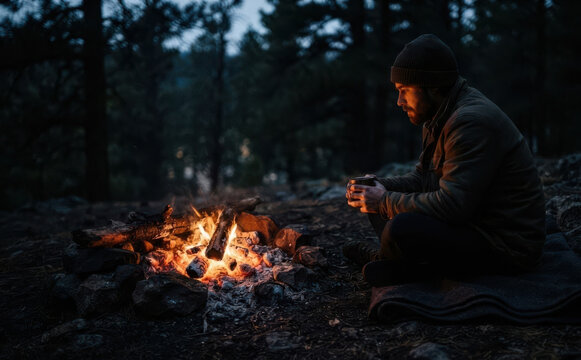 A 30-year-old caucasian man camping in the forest at night, sitting by a warm campfire and holding a hot mug of coffee, representing solitude, adventure, and cozy outdoor lifestyle