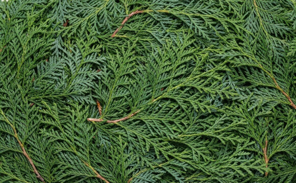 Green arborvitae foliage background with overlapping cedar branches representing natural conifer textures and organic winter botanical themes