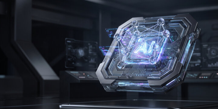 Futuristic Artificial Intelligence Neural Network in High-Tech Research Laboratory with Holographic Data