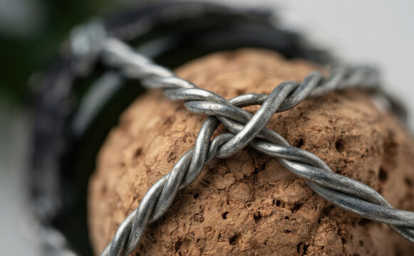 Macro close-up shot of a champagne cork secured with a twisted wire hood agraffe, representing celebration, elegance, and fine wine culture detail.