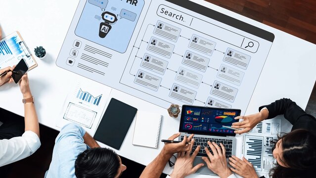 A modern office scene showcases a human resources team actively collaborating with AI tools for data analysis, emphasizing teamwork and innovative recruitment strategies. Raster