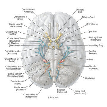 Detailed anatomical diagram of human brain with labeled regions and sections