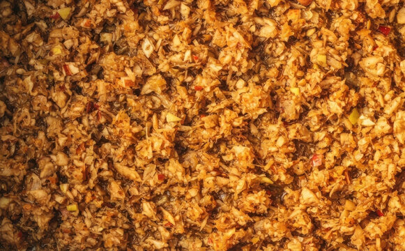 Finely chopped smoked fish filling or salad mixture texture close up background view for culinary and cooking projects