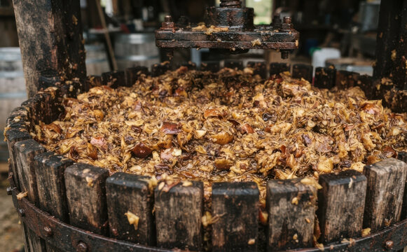 Traditional wooden apple cider press filled with crushed fruit mash for artisanal beverage production in a rural rustic barn setting representing heritage and agriculture