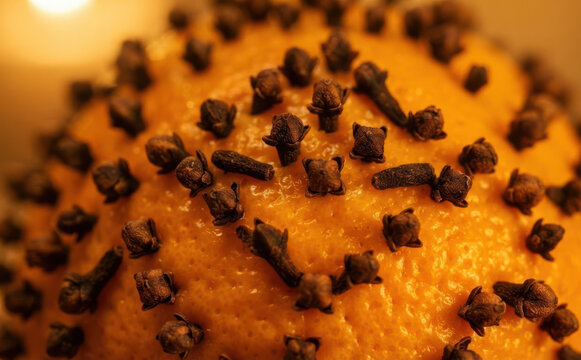 Orange studded with whole cloves close up macro shot traditional winter holiday fragrance pomander craft decoration aromatherapy scent spice