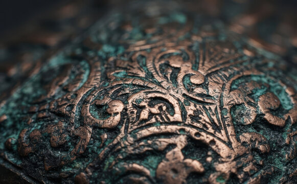 Ancient copper metal relief texture with intricate floral engraving and patina oxidation close up for design background