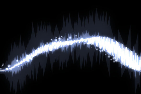 Abstract bright glowing sound wave pattern with white light particles on a dark black background